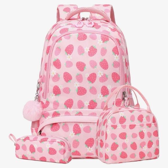 Other - NWOT Charming Pink Strawberry Kids Backpack, lunch bag, pencil case